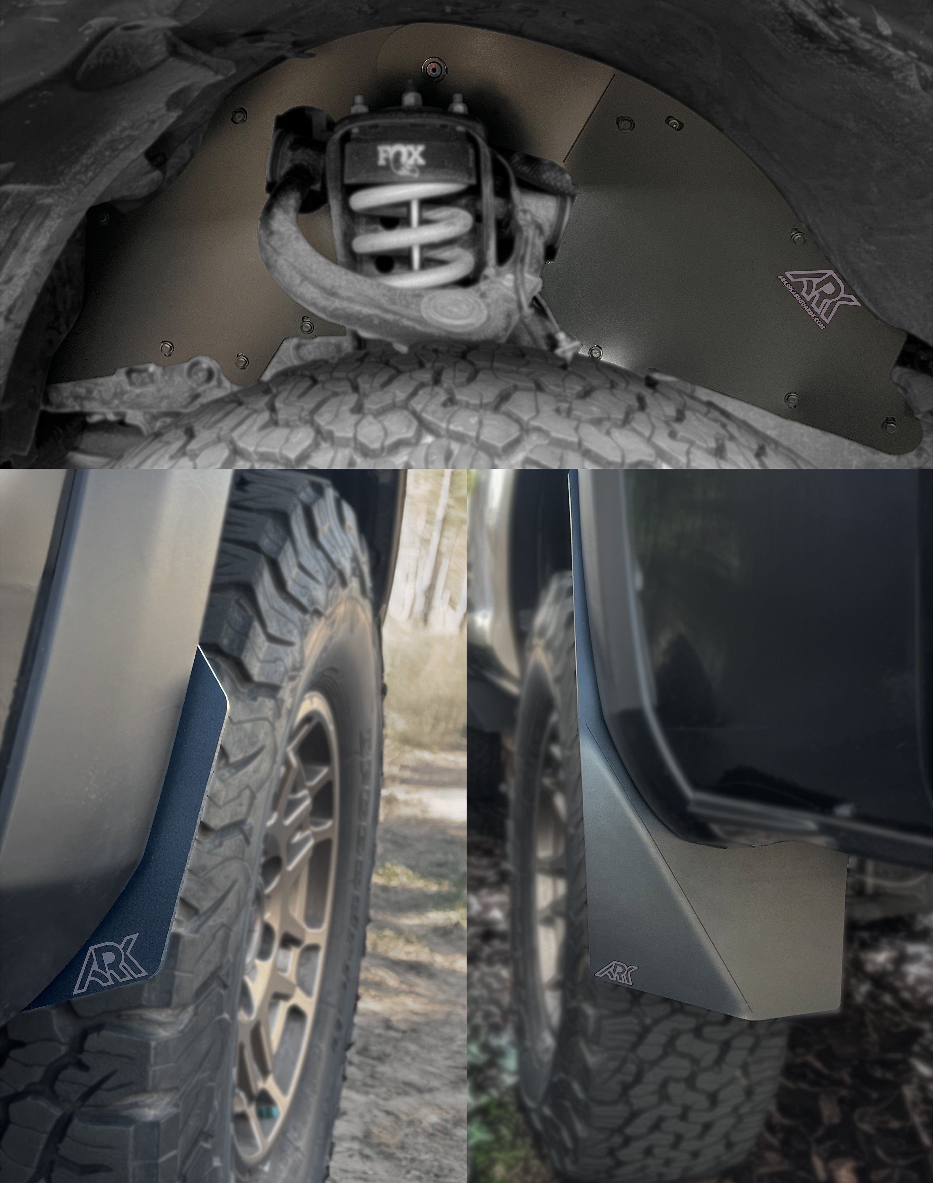 TriXpoly splash guards and mudflaps for 2016-2023 Toyota Tacoma, designed for durability and protection against mud and debris.