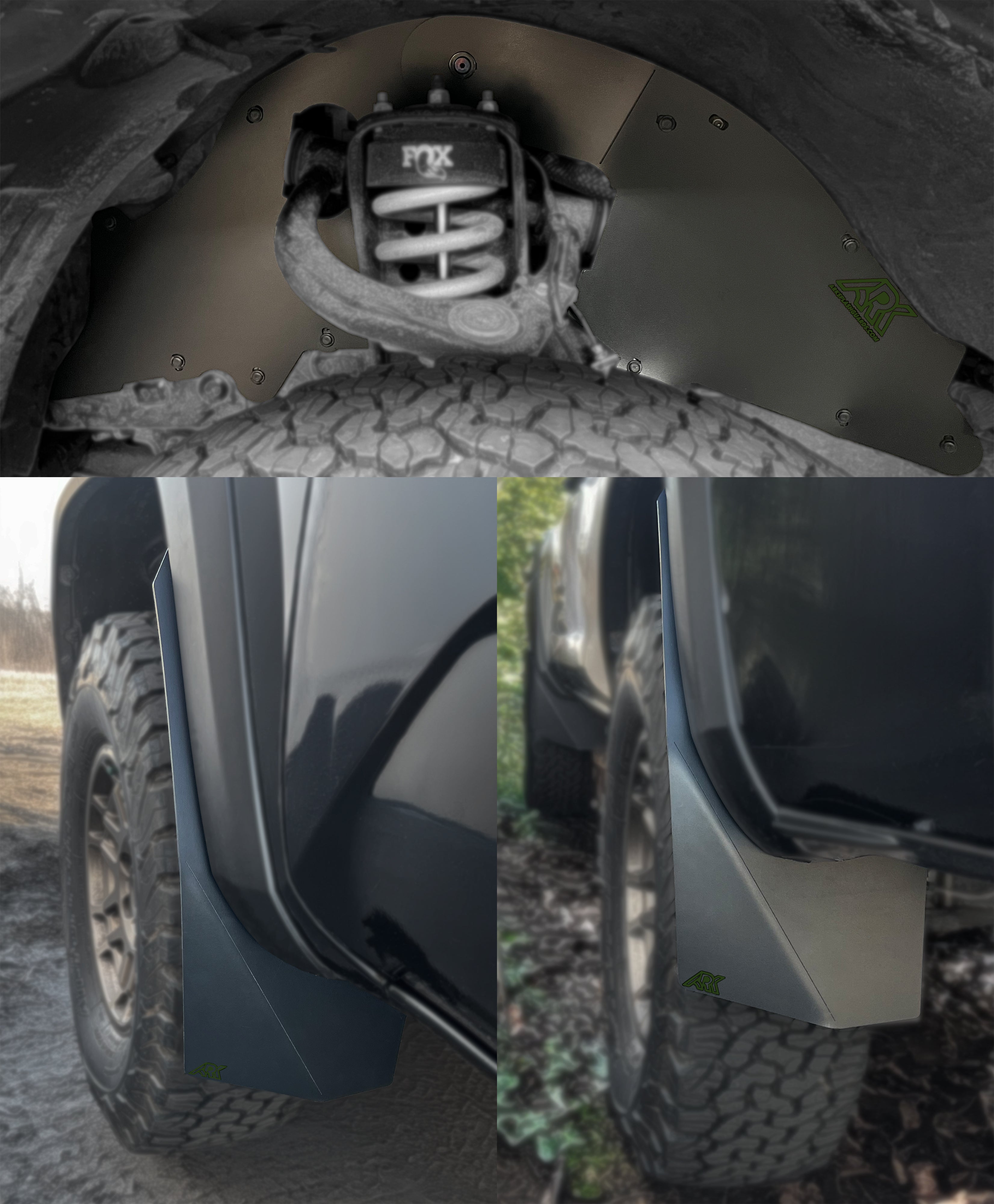 Durable TriXpoly splash guards and mudflaps for 2016-2023 Toyota Tacoma, designed for off-road protection and style.