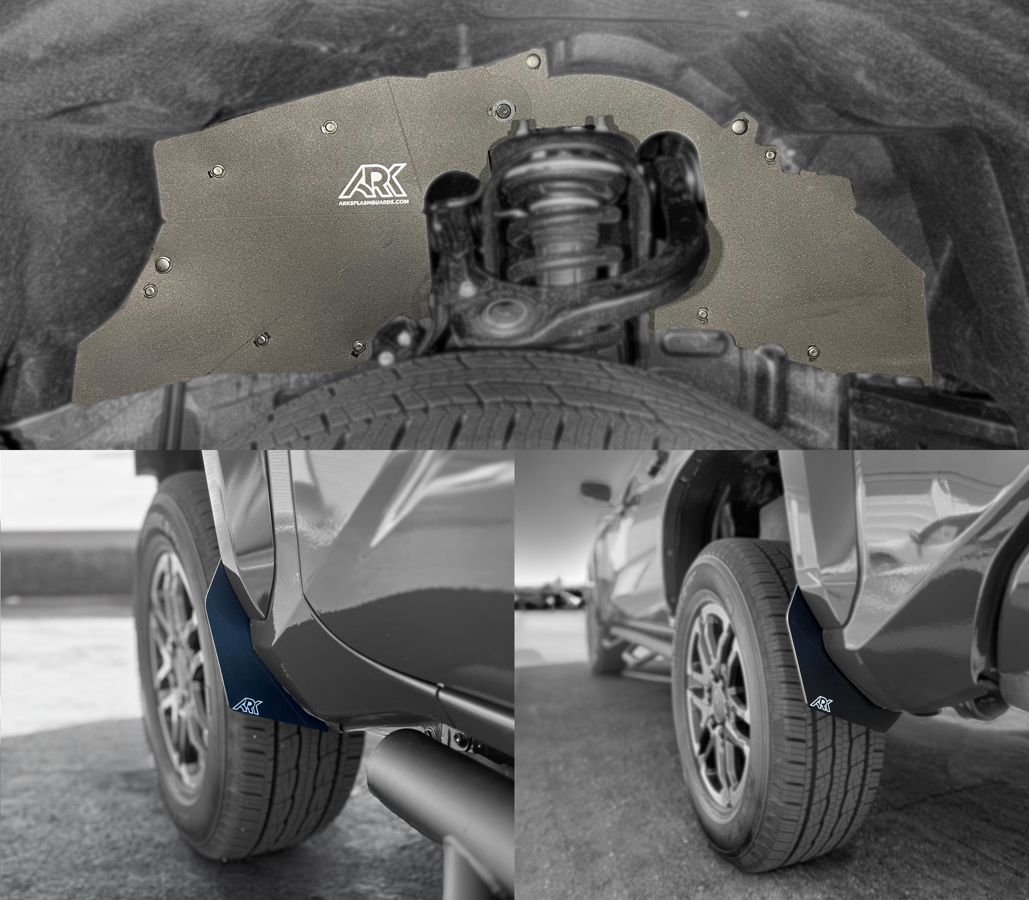 2024+ Toyota Tacoma TriXpoly splash guards and mudflaps installed, showcasing tire protection and rugged design.