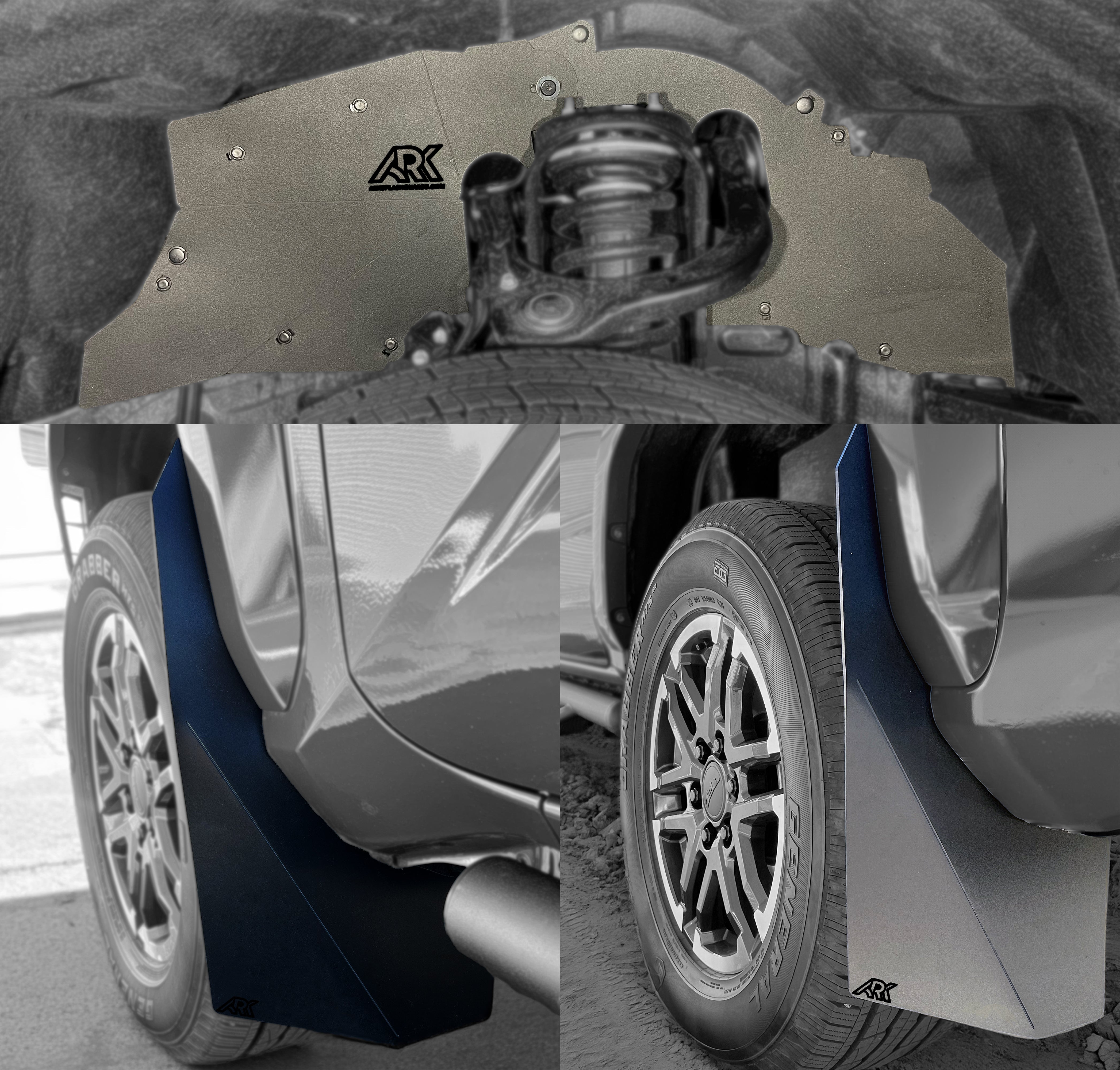 2024+ Toyota Tacoma TriXpoly splash guards and mudflaps, showcasing durable protection and sleek design for offroad adventures.