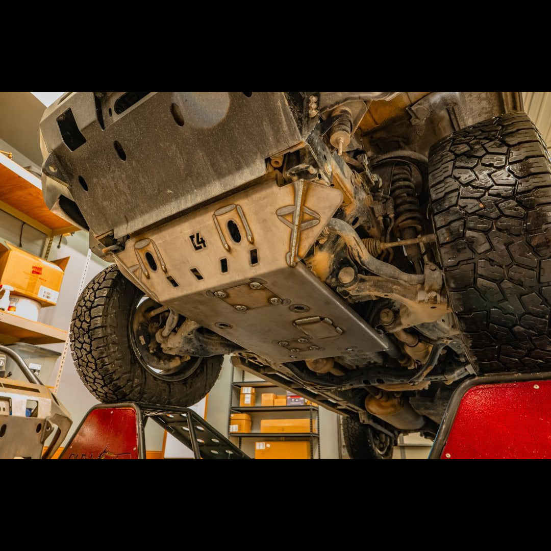 4Runner front skid plate installed on a 5th Gen vehicle, showcasing undercarriage protection and rugged design.