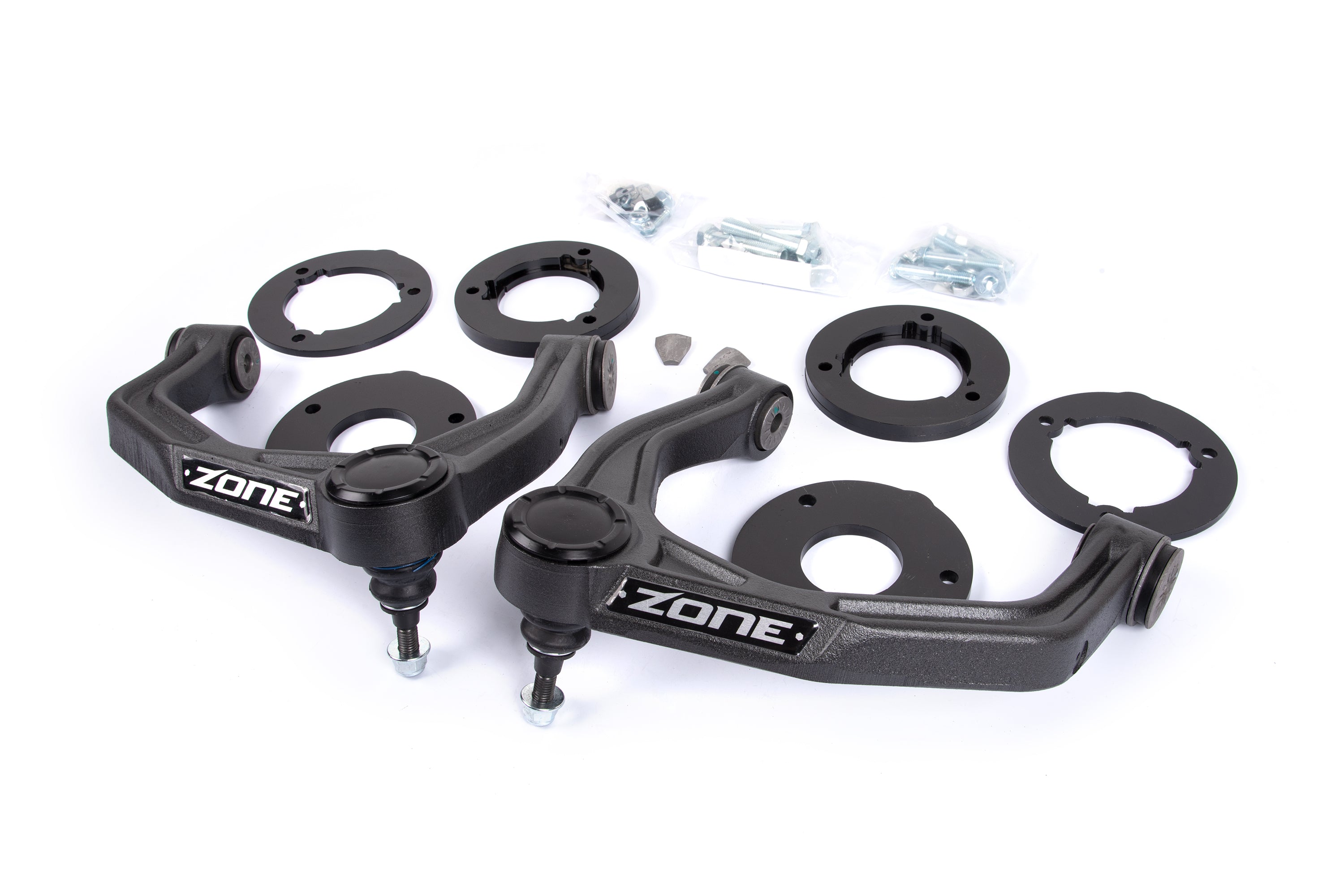 1.75 inch lift kit components for Chevy Silverado and GMC Sierra 1500 AT4 and Trail Boss, including upper control arms and spacers.