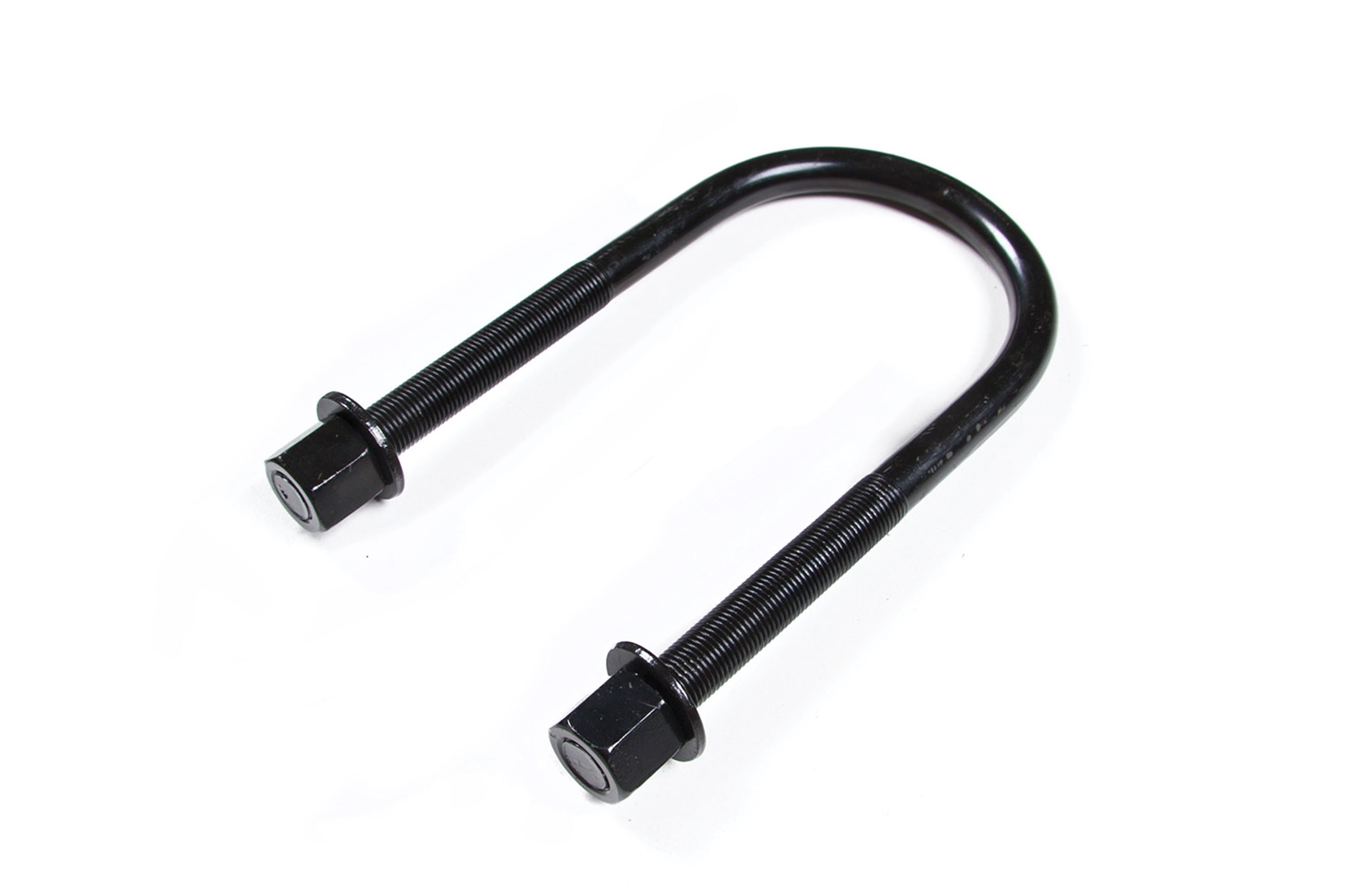 Round automotive axle U-bolt with threaded ends and hex nuts, designed for secure axle attachment in vehicles.