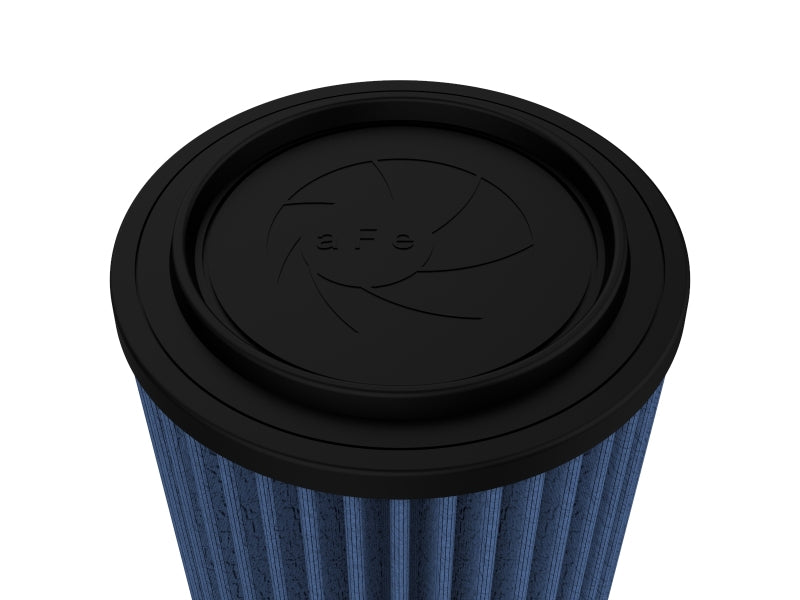 aFe MagnumFLOW Air Filter for GM Trucks 96-00 V6 V8 featuring a blue pleated design and durable rubber seal.
