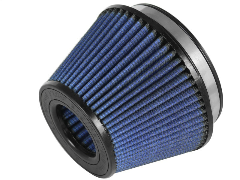 aFe MagnumFLOW PRO 5R air filter featuring a conical design with a blue filter element and black rubber base for enhanced airflow.