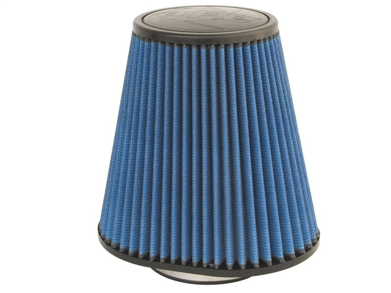 aFe MagnumFLOW Air Filter with blue pleated design, measuring 4-3/8 inches in diameter and 9 inches in height, enhances airflow.