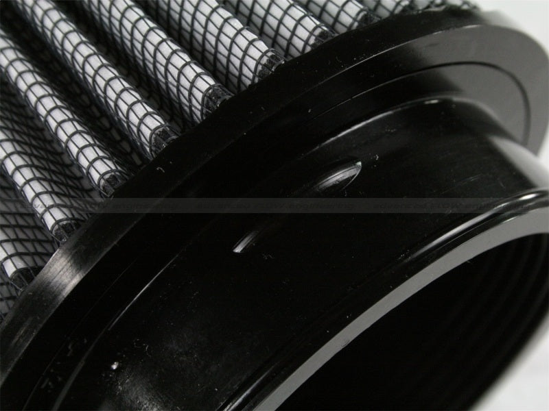 aFe MagnumFORCE Pro Dry S air filter featuring a cylindrical design with a black frame and pleated filter media for enhanced airflow.