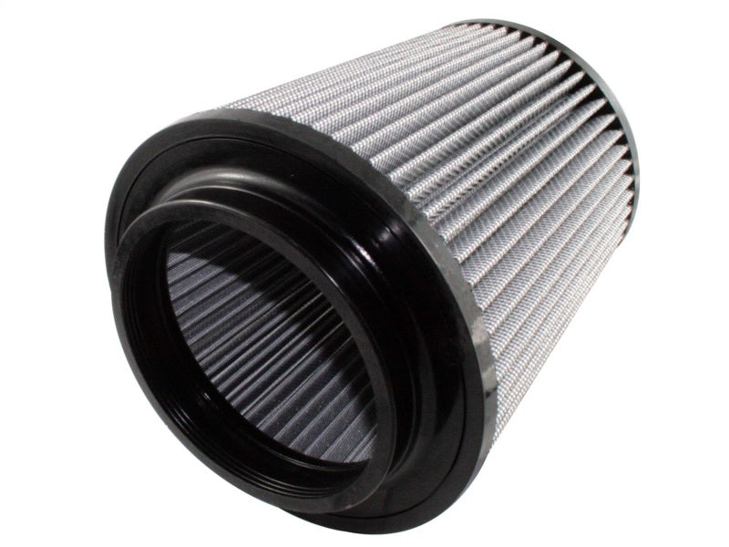 aFe MagnumFLOW Air Filter with a cylindrical design and pleated filter media for enhanced airflow and engine performance.