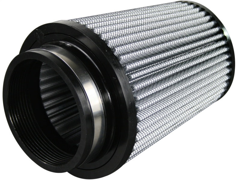 aFe MagnumFLOW ProDry S air filter with a cylindrical design, featuring a pleated filter media for enhanced airflow and filtration.