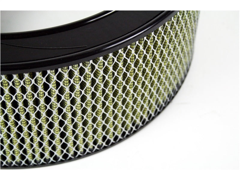 Round aFe MagnumFLOW air filter designed for racing, featuring a durable mesh exterior and optimized airflow for performance.
