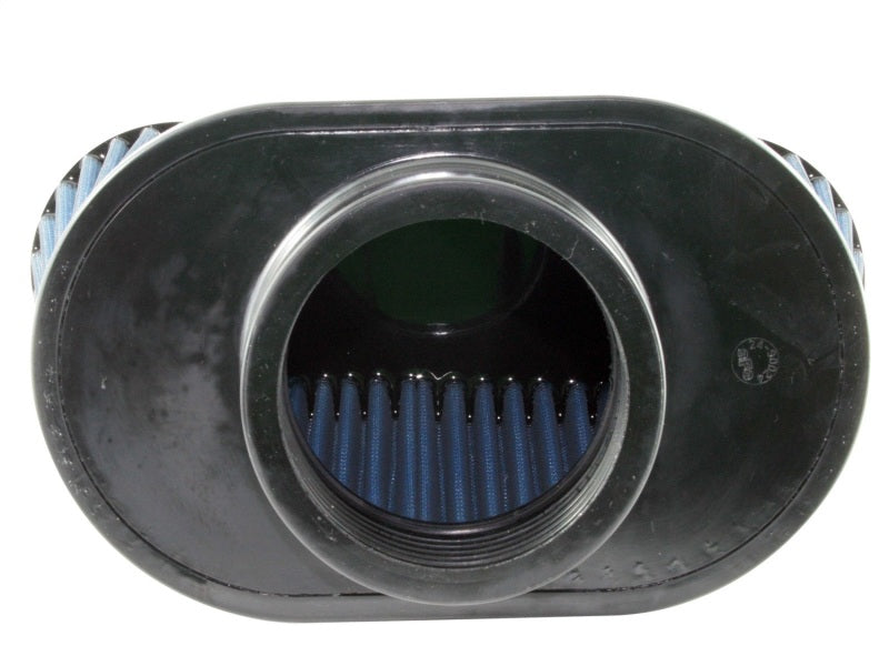 aFe MagnumFLOW Air Filter featuring a black exterior and blue pleated filter media, designed for enhanced airflow and performance.
