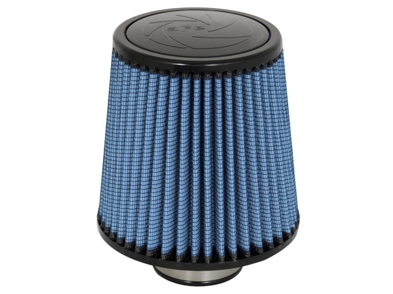 aFe MagnumFLOW Air Filter with blue mesh design, measuring 2-1/4 inches by 6 inches by 4-3/4 inches, ideal for performance upgrades.