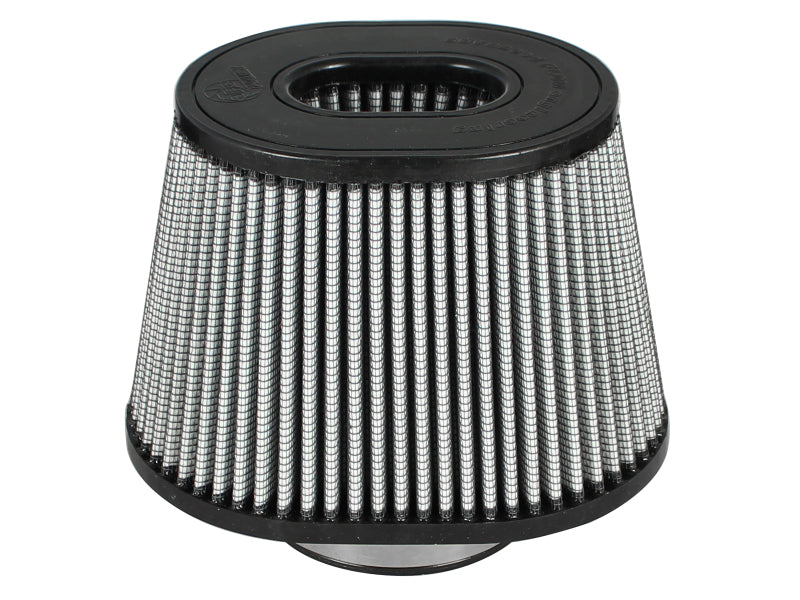 aFe MagnumFLOW Pro Dry S air filter with a conical design, featuring a durable mesh exterior and a central inlet.