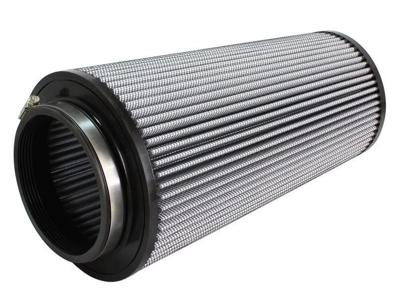 aFe MagnumFLOW ProDry S air filter with a cylindrical design, featuring a pleated filter element for improved airflow.