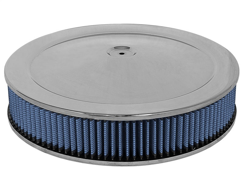 aFe MagnumFLOW Round Racing Air Filter with chrome assembly and blue filter media, designed for high-performance applications.