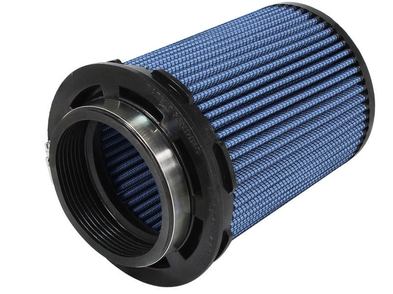 aFe MagnumFLOW Pro 5R air filter with blue mesh design, measuring 3.5in diameter by 6.5in height, ideal for enhanced airflow.