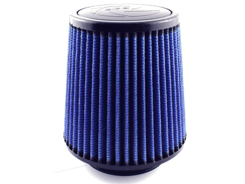 aFe MagnumFLOW air filter with a blue pleated design, measuring 3-3/4 inches in diameter and 6 inches tall, ideal for enhanced airflow.