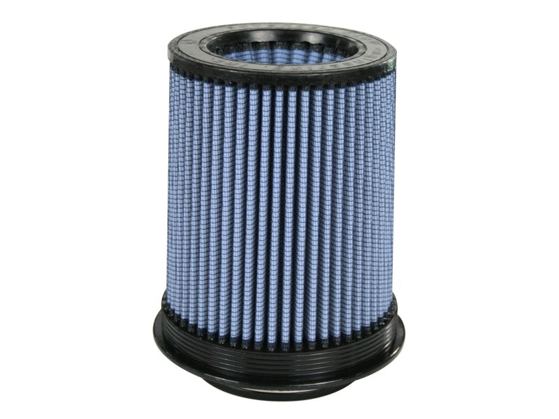 aFe MagnumFLOW Air Filter with a cylindrical design, featuring a blue filter media and a black rubber base for enhanced airflow.