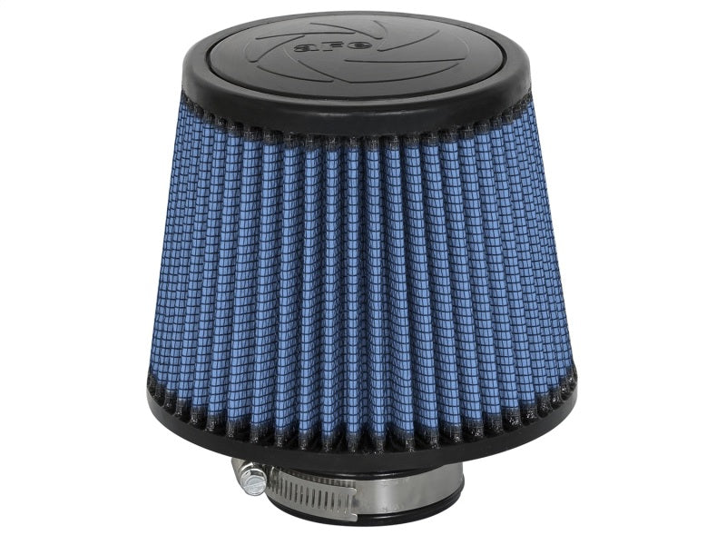 aFe MagnumFLOW Air Filter featuring a blue mesh design, compact size, and durable construction for enhanced engine performance.