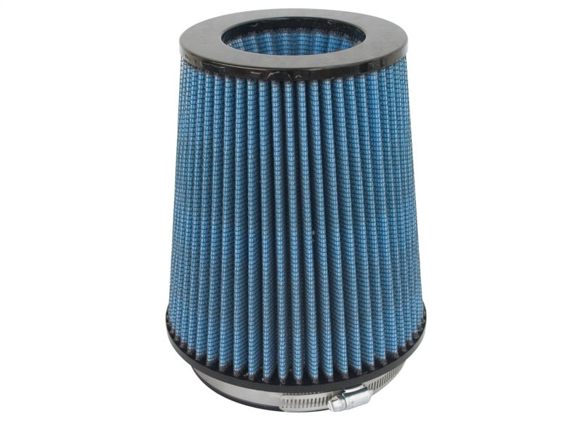 aFe MagnumFLOW Air Filter with a blue pleated design, featuring a cylindrical shape and a metal clamp for secure installation.