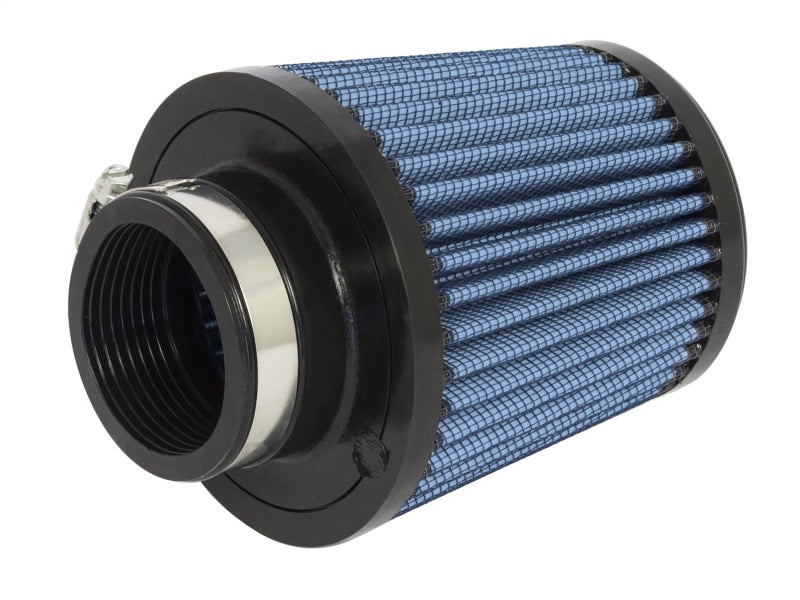 aFe MagnumFLOW Air Filter featuring a blue pleated design, designed for enhanced airflow and engine performance.