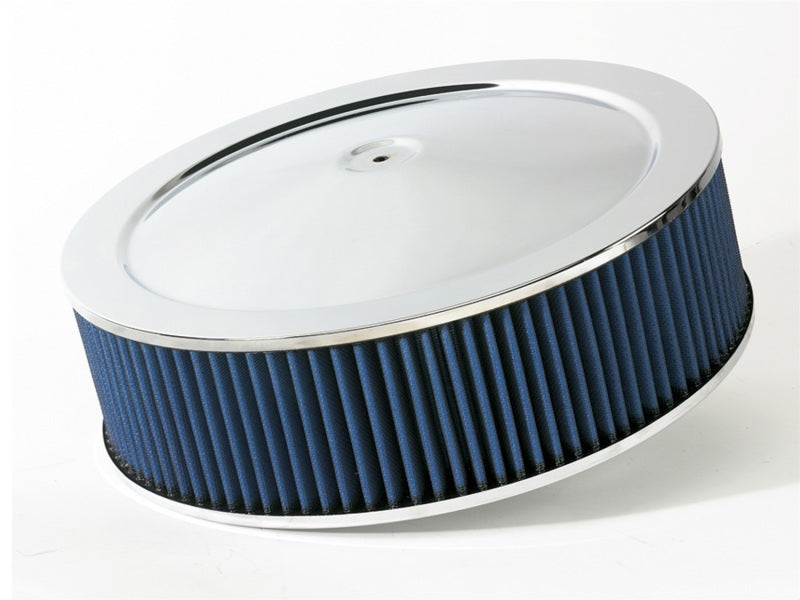 aFe MagnumFLOW round racing air filter with chrome assembly, featuring a black and blue design, 14x4 inches.