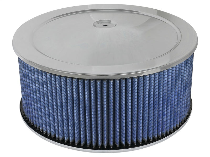 aFe MagnumFLOW Air Filter Round Racing P5R with chrome top and blue filter media, designed for high-performance applications.