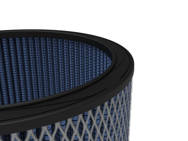 aFe MagnumFLOW Round Racing Air Filter featuring a blue mesh design, measuring 9 inches OD, 7.50 inches ID, and 5 inches high.