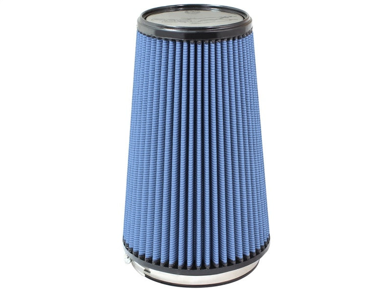 aFe MagnumFLOW Air Filter with a conical design, featuring a blue pleated filter media for enhanced airflow and filtration.