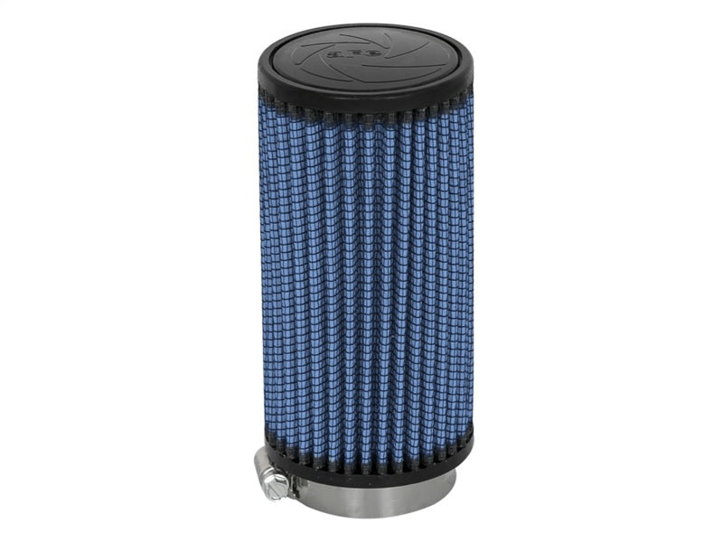 aFe MagnumFLOW Air Filter featuring a cylindrical design with a blue mesh filter and a metal clamp for secure installation.