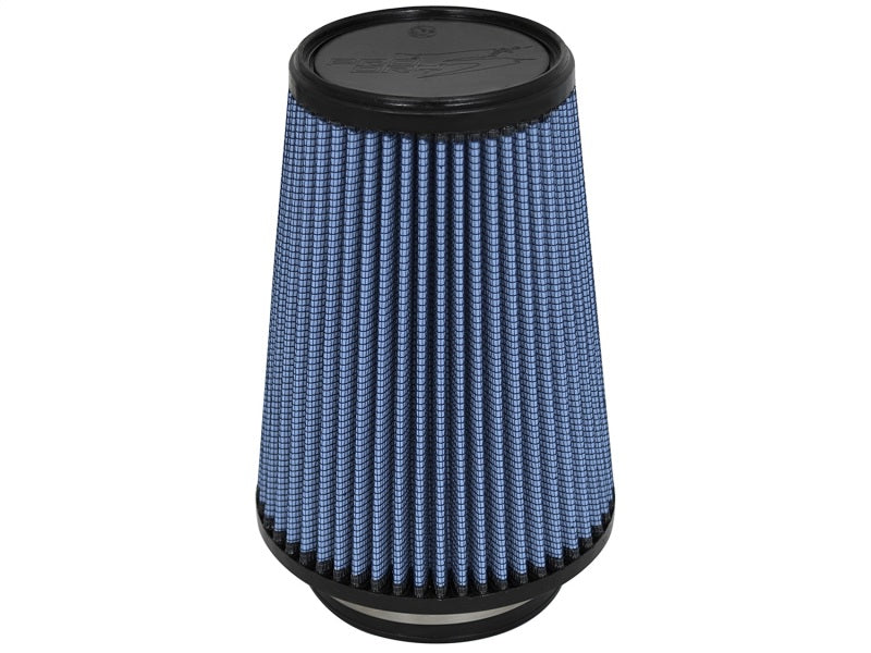 aFe MagnumFLOW Air Filter with a blue pleated design, optimized for improved airflow and engine performance.