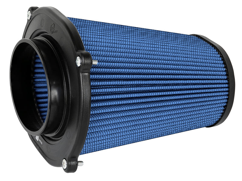 aFe Quantum Pro-5 R air filter with inverted top, featuring a blue filter media and a 5.5-inch flange, 9-inch height.