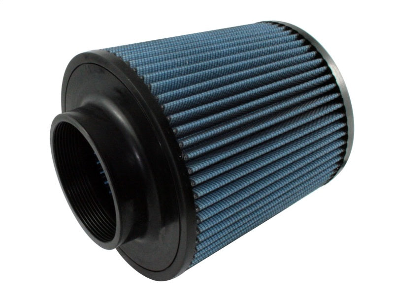 aFe MagnumFLOW Air Filter with a blue pleated design, featuring a cylindrical shape and black rubber end caps for enhanced airflow.