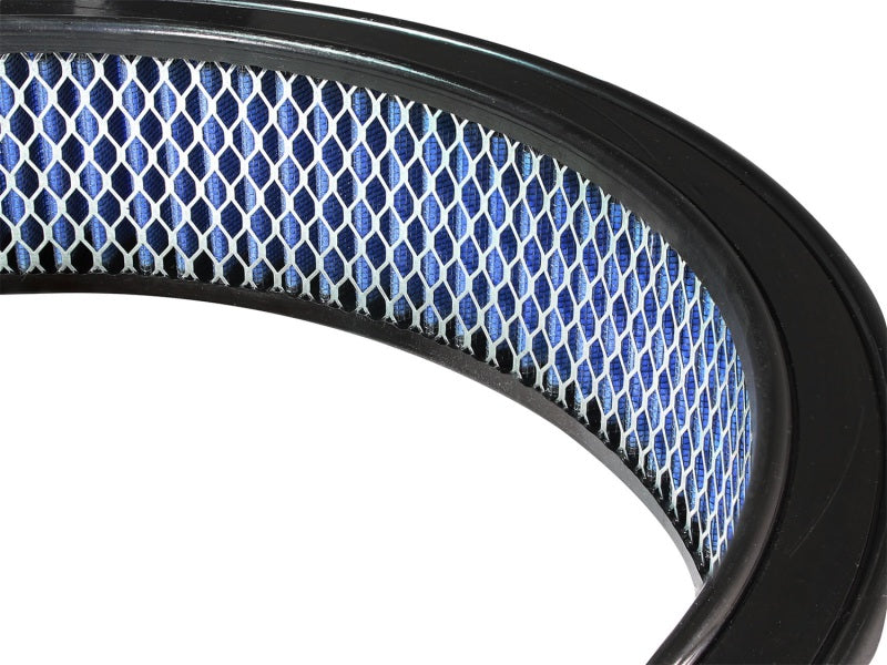aFe MagnumFLOW round racing air filter featuring a blue mesh design with a 14-inch outer diameter and 12-inch inner diameter.