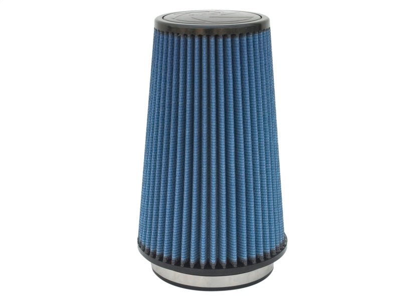 aFe MagnumFLOW air filter with a blue pleated design, measuring 5 inches wide, 6.5 inches base diameter, and 10 inches tall.