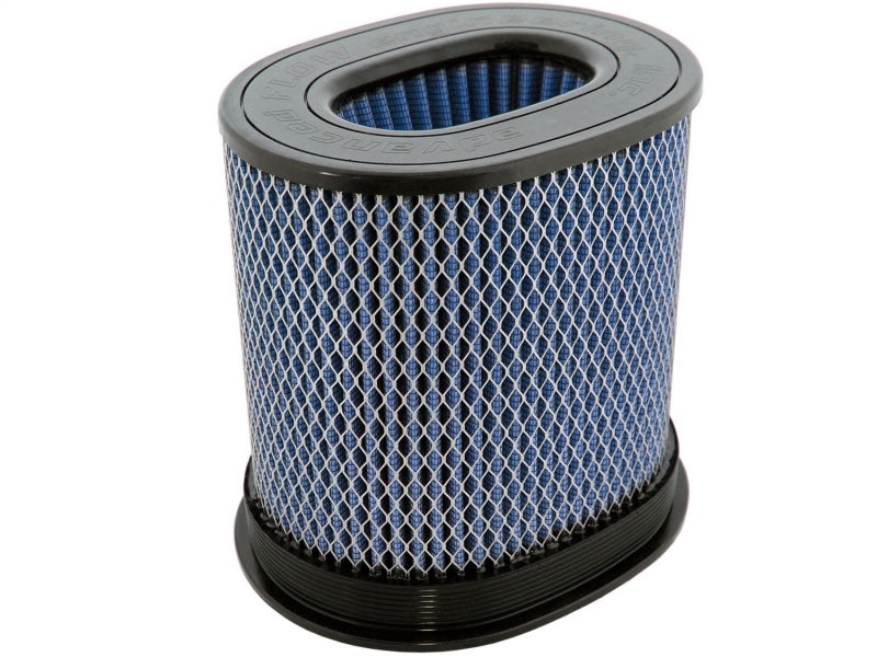 aFe MagnumFLOW HD Air Filter featuring a blue mesh design, oval shape, and dimensions of 7x4.75 inches, enhancing airflow.