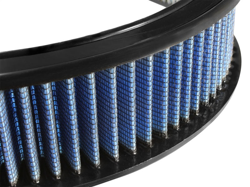 aFe MagnumFLOW Round Racing Air Filter featuring a blue mesh design, optimized for high-performance airflow in racing applications.
