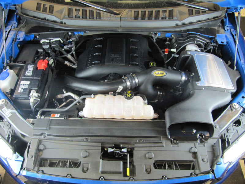 Airaid cold air intake system installed in a 2015 Ford F-150 EcoBoost engine bay with black tube and components visible.