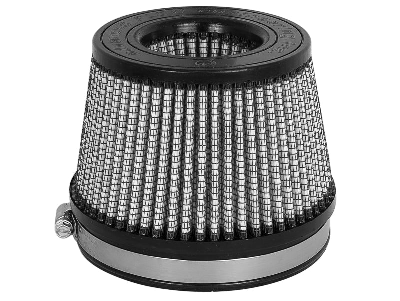 aFe MagnumFLOW Dry S Air Filter featuring a cylindrical design with a mesh exterior and a rubber base for secure installation.