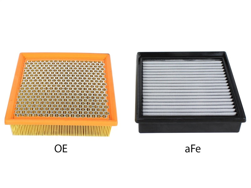 aFe MagnumFLOW PRO DRY S air filter comparison for 2014 Jeep Grand Cherokee 3.0L EcoDiesel, showcasing OEM and aftermarket options.