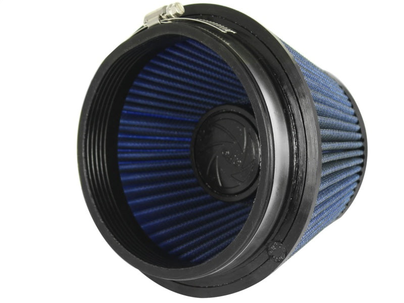 aFe MagnumFLOW PRO 5R air filter featuring a blue pleated design, designed for enhanced airflow and engine performance.