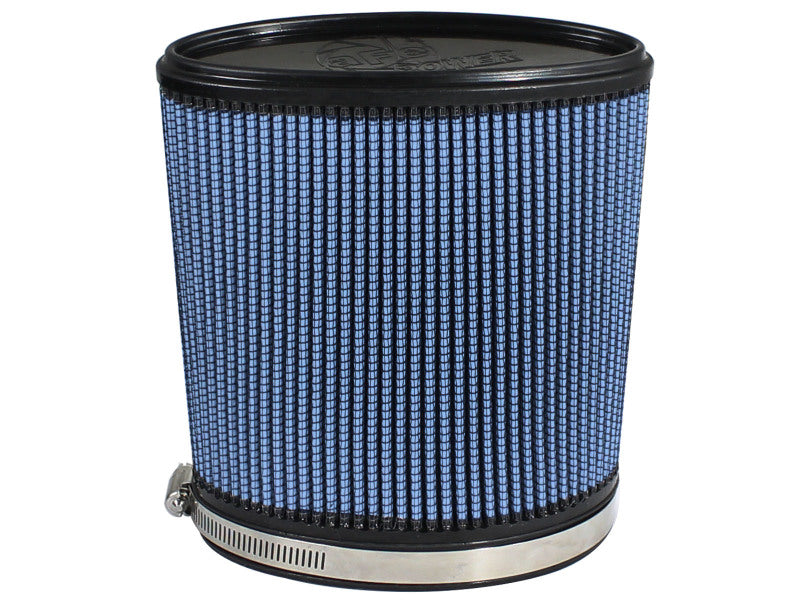 aFe MagnumFLOW Air Filter featuring a cylindrical design with a blue mesh filter element and a metal clamp for secure attachment.