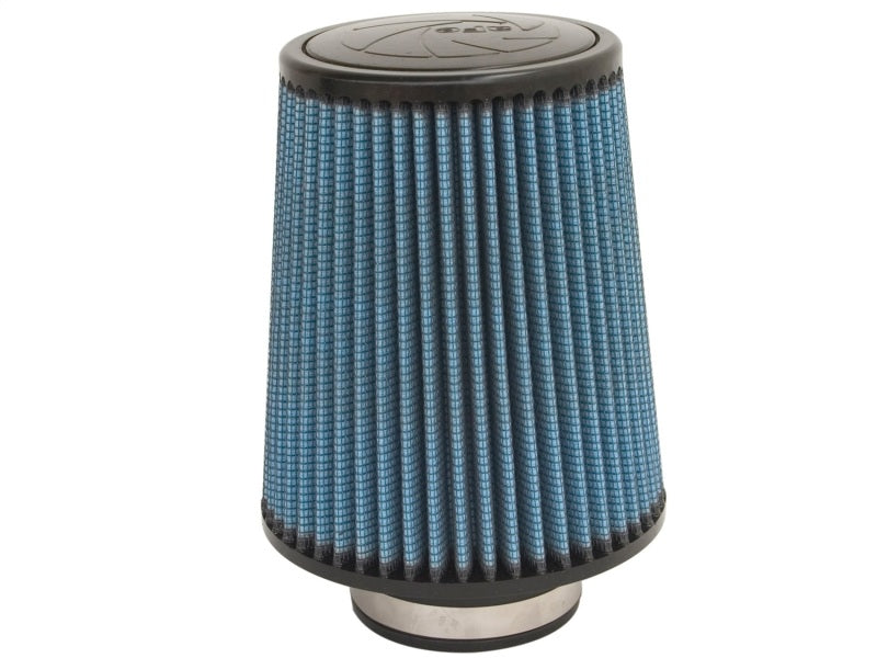 aFe MagnumFLOW Air Filter with a blue pleated design, featuring a cylindrical shape and metal base for enhanced airflow.
