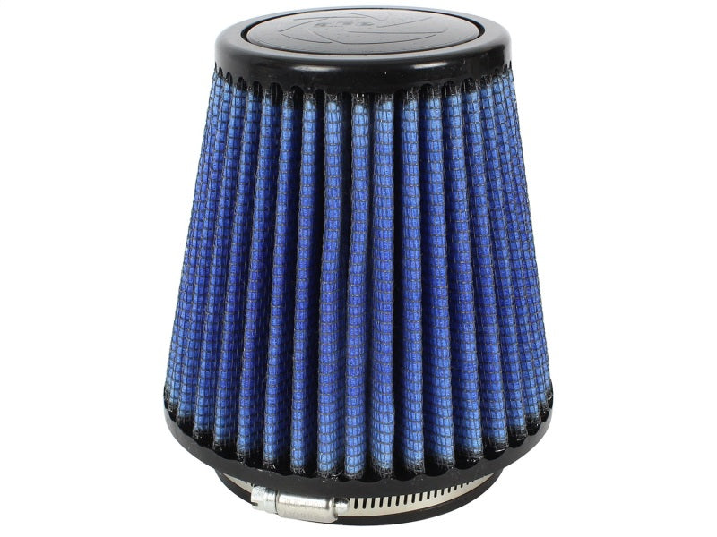 aFe MagnumFLOW Air Filter with a blue pleated design, featuring a tapered shape for enhanced airflow and performance.