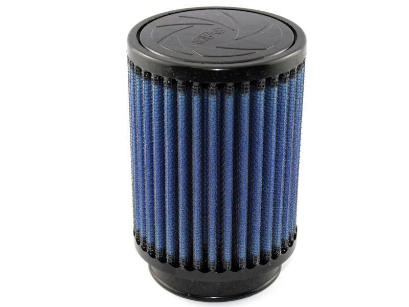 aFe MagnumFLOW Air Filter featuring a cylindrical design with blue pleated filter media for enhanced airflow and performance.