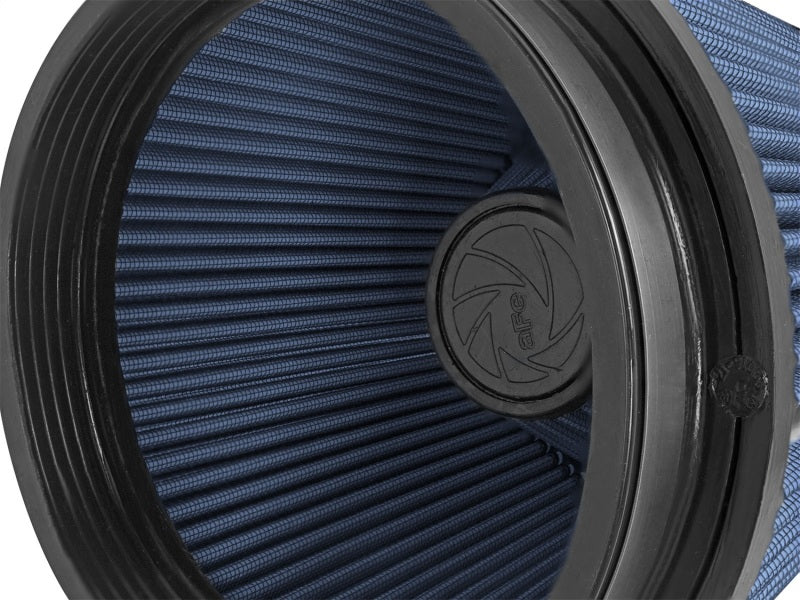 aFe MagnumFLOW air filter featuring a blue pleated design, designed for enhanced airflow and engine performance.