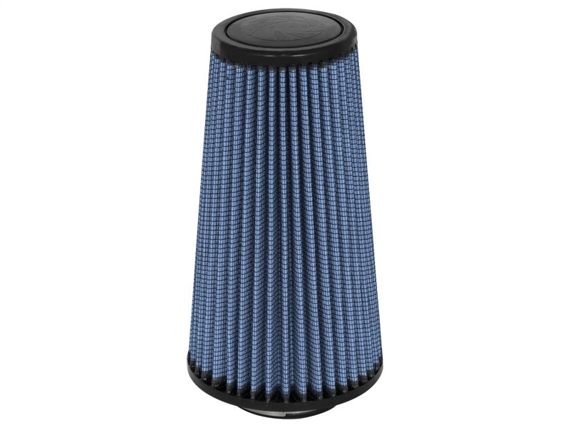 aFe MagnumFLOW Air Filter with a conical design, measuring 2.5 inches by 5 inches by 3.5 inches by 9 inches, in blue.