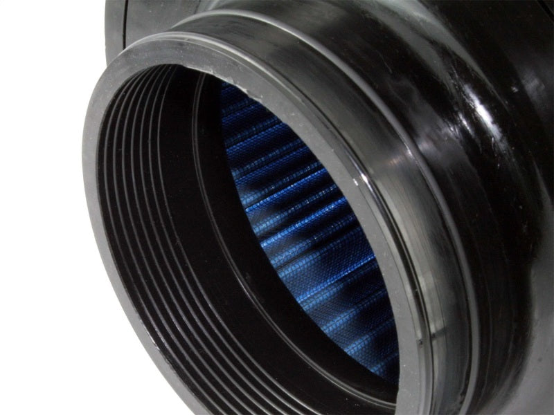 aFe MagnumFLOW Air Filter featuring a black housing and blue filter media, designed for enhanced airflow and performance.