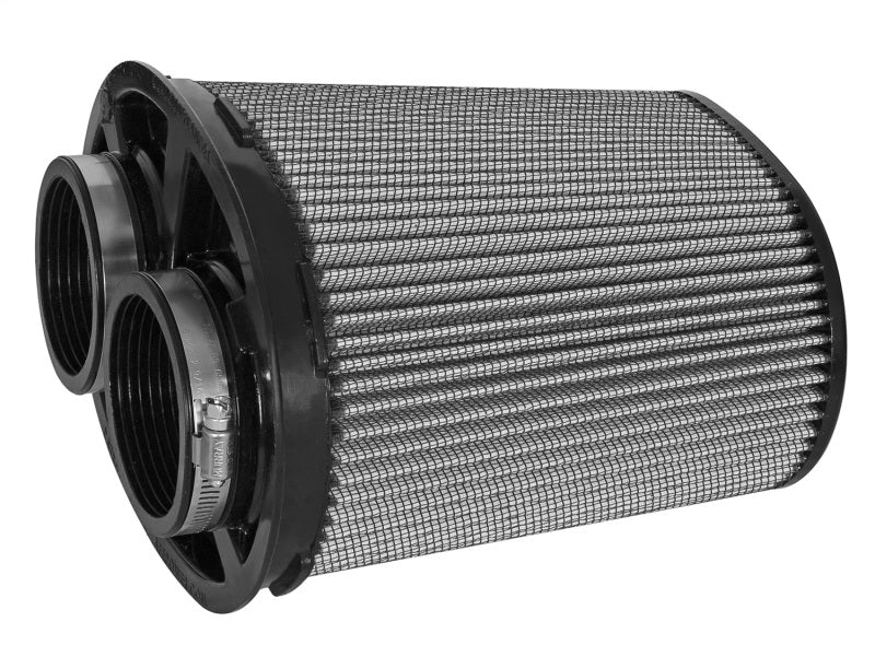 aFe MagnumFLOW Pro DRY S OE replacement filter featuring a dual inlet design, cylindrical shape, and durable mesh construction.