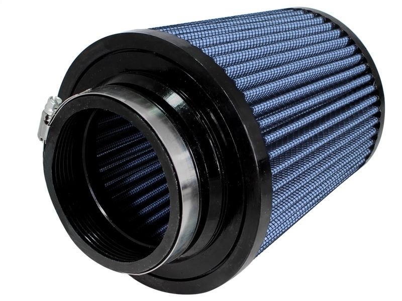 aFe MagnumFLOW Air Filter with a blue mesh design, featuring a cylindrical shape and multiple intake openings for improved airflow.